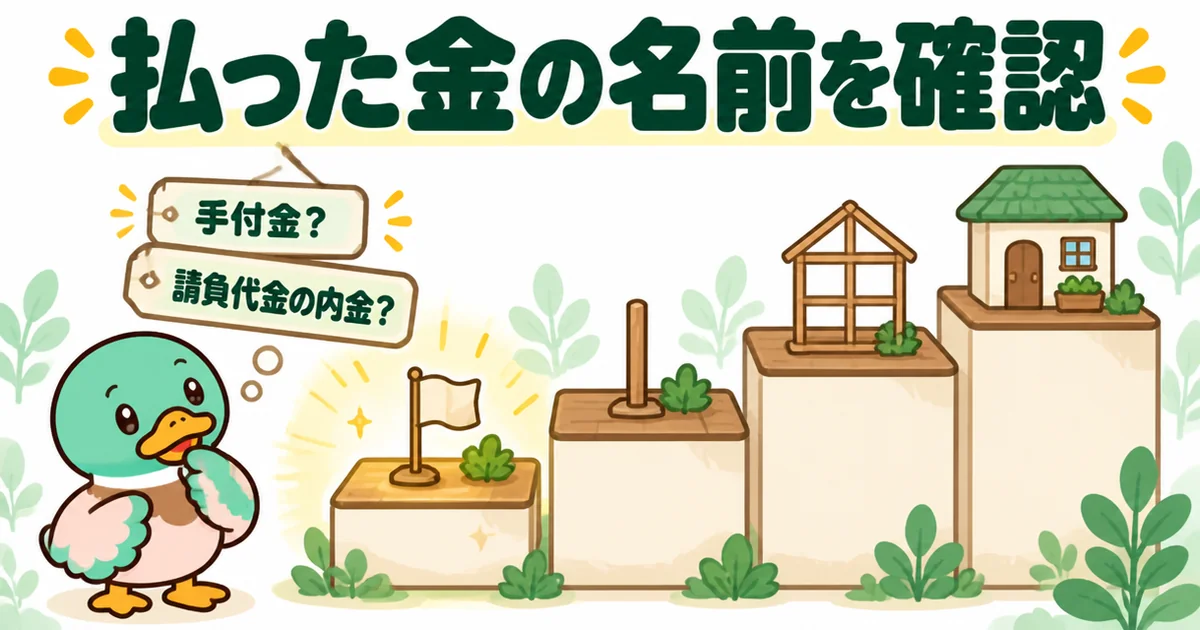 契約書の支払条件の欄で、契約時に払った契約金が手付金なのか請負代金の内金なのかを確かめるあいみつのイラスト。