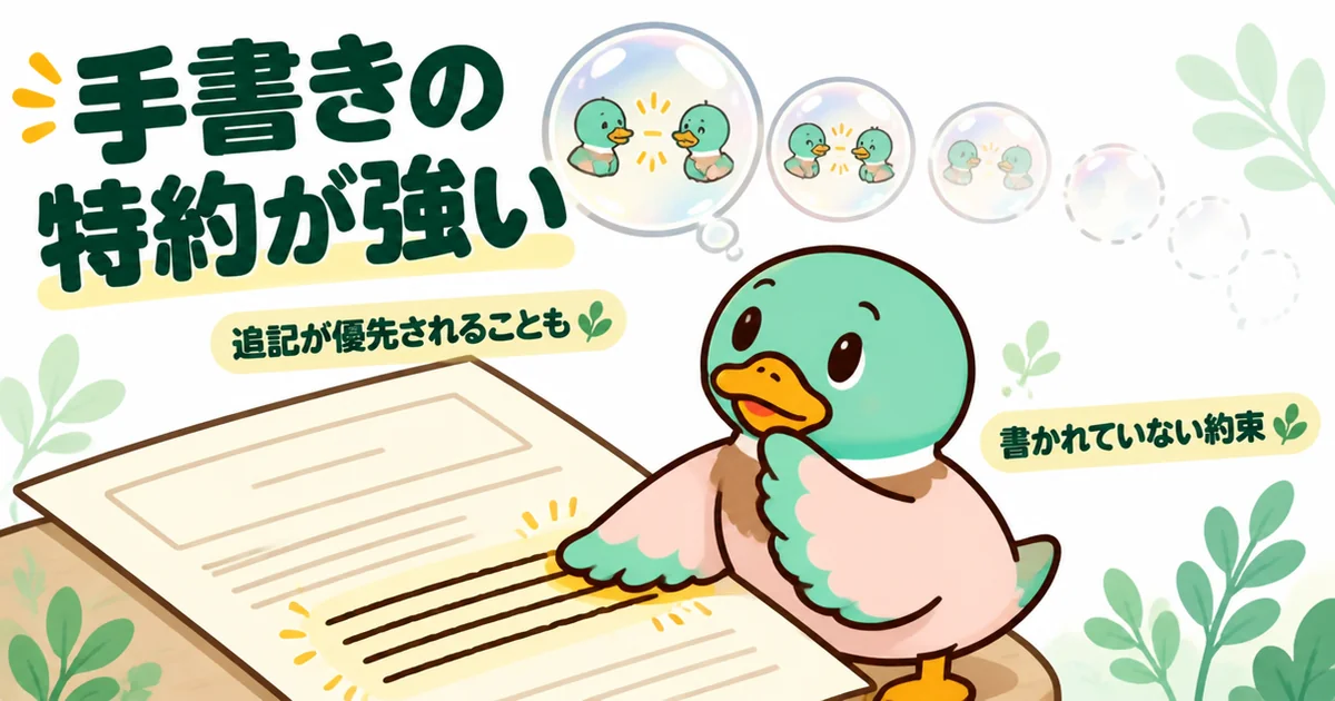 契約書の特約欄は手書きの追記が優先されることがあり、書かれていない口約束は残らないことを消える吹き出しで示すイラスト。