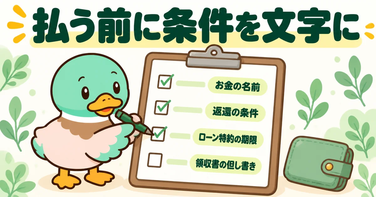 ハウスメーカーに契約金を払う前に、お金の名前・返還の条件・ローン特約の期限・領収書の但し書きを確かめるチェック表のイラスト。