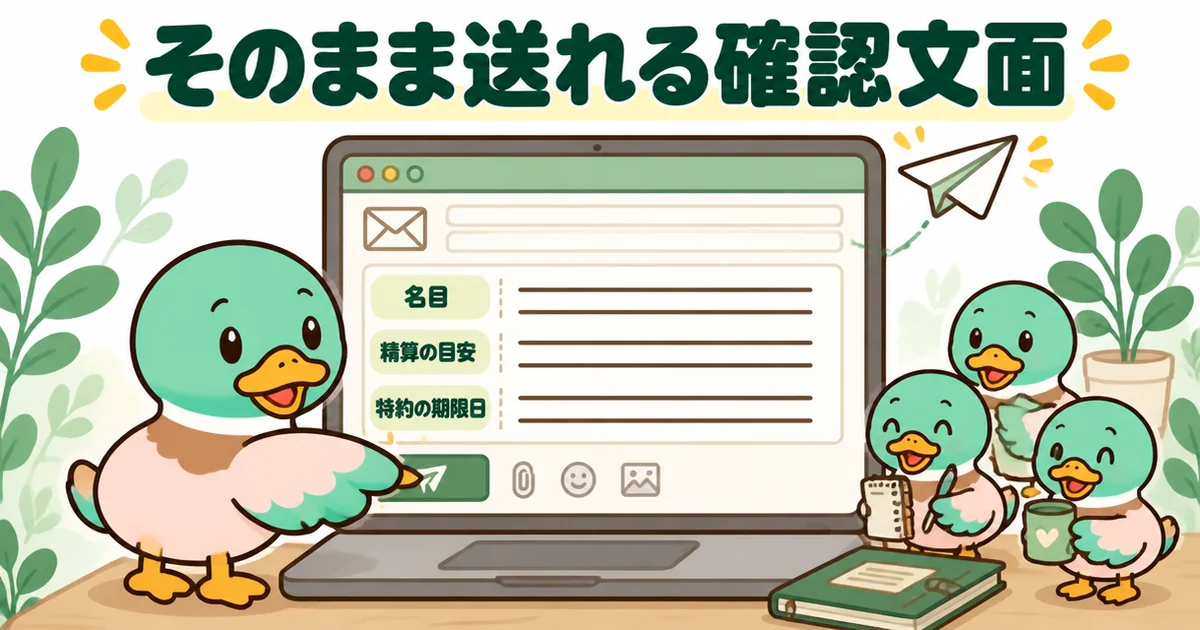 契約金の名目・精算の目安・特約の期限日の3点をハウスメーカーに確認するメール文面を送るあいみつのイラスト。