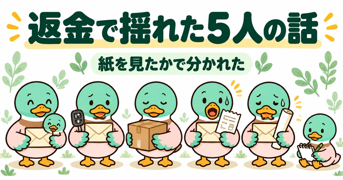契約金・手付金の返金で揺れた5人の体験談を、小物の違う5羽のカモと封筒で表したイラスト。