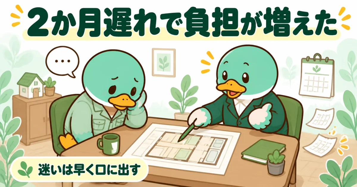 契約後に迷いを言い出せないまま2か月が過ぎ、契約金から差し引かれる負担が増えた男性のカモの打ち合わせ場面のイラスト。
