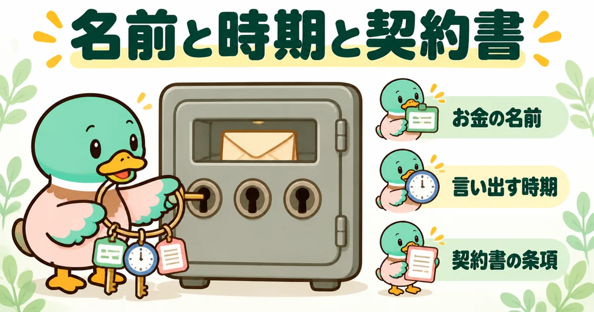 契約金が返ってくるかは、お金の名前・言い出す時期・契約書の条項の3つで決まることを、3本の鍵と金庫で示すあいみつのイラスト。