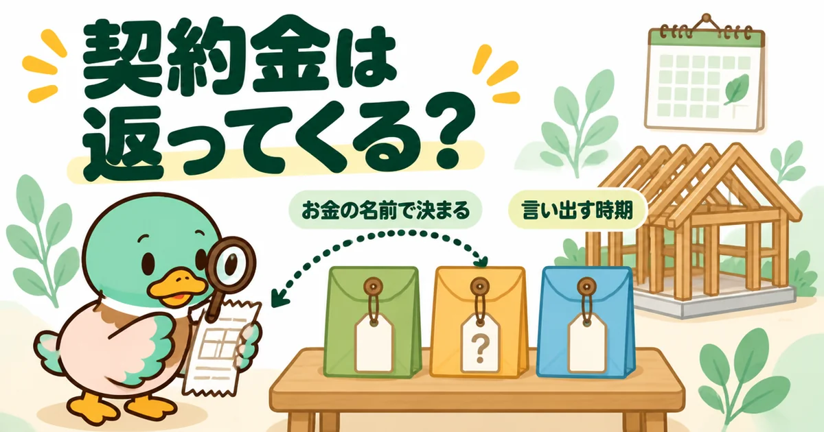 ハウスメーカーに払った契約金は返ってくるのかを、封筒3つの名札と領収書を虫めがねで確かめるあいみつで表したイラスト。