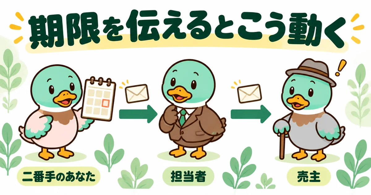 土地の買付で二番手が待つ期限を伝えると、担当者から売主へ本気度が伝わる流れを3羽と矢印で示した図解。
