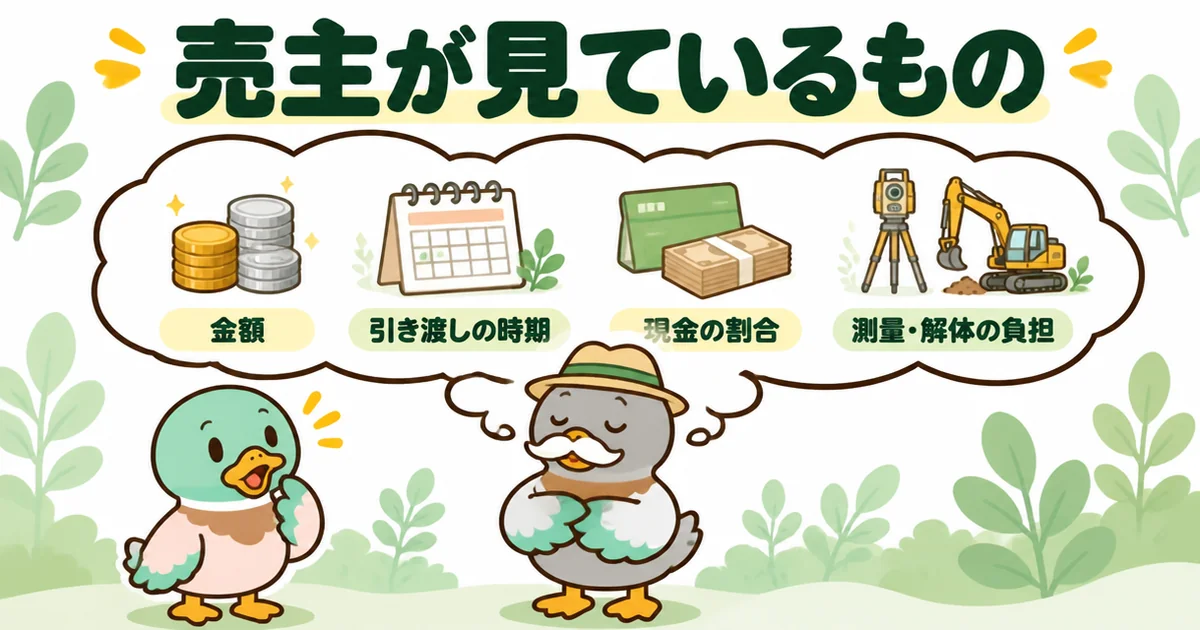 土地の買付で売主が見るのは金額だけでなく、引き渡しの時期・現金の割合・測量や解体の負担もあることを吹き出しで示した図解。