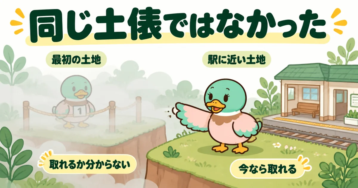 二番手の土地は取れるか分からず、駅に近い別の土地は今なら取れるという違いを、霧の中の土地と手の届く土地で比べた買付の図解。