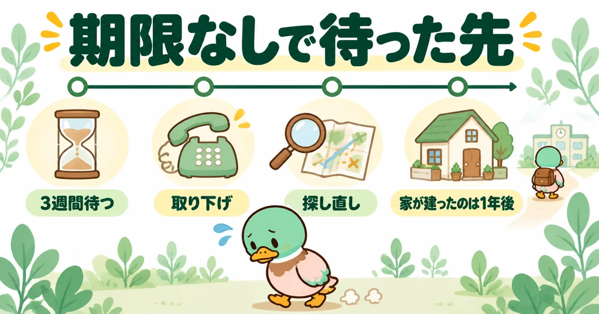 土地の買付で二番手のまま3週間待って取り下げ、探し直して家が建ったのは1年後だった体験を年表で示した図解。