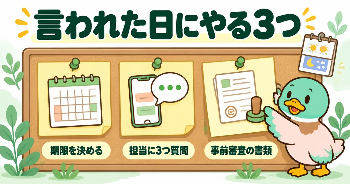 土地の買付で二番手と言われた日にやる3つを、期限・質問・事前審査の付箋を貼るあいみつで示した図。