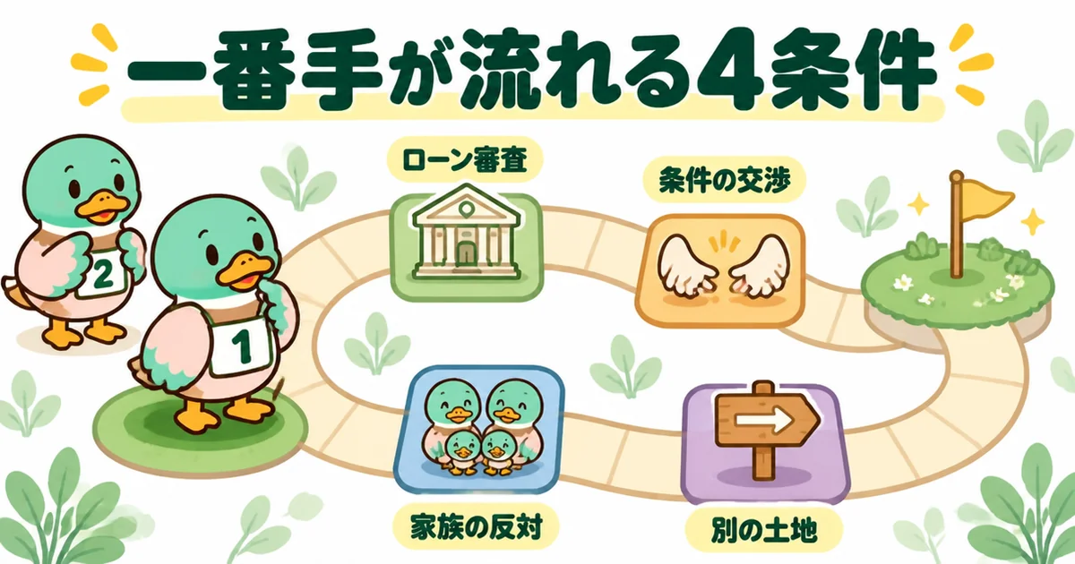 土地の買付で一番手が流れる4つの条件を、ローン審査・交渉・家族の反対・別の土地のマスが並ぶすごろくで表した図。