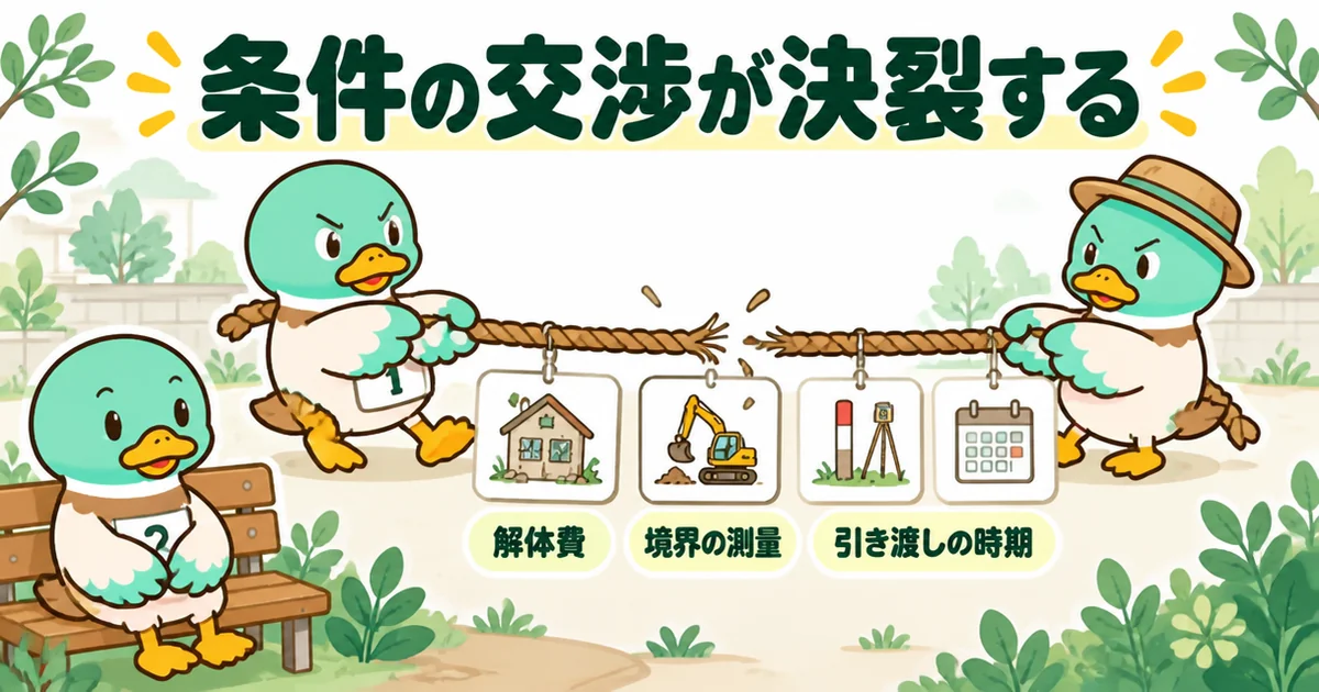 土地の買付で一番手と売主が解体費・測量・引き渡しの時期で折り合わない様子を綱引きで描き、二番手が静かに待つ図。
