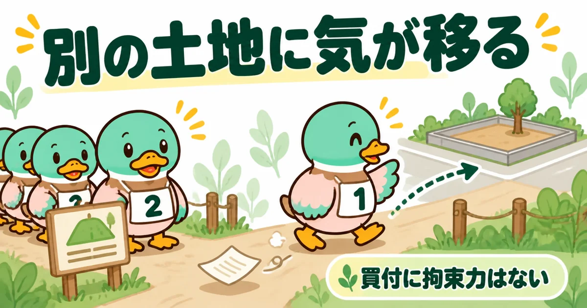 土地の買付の一番手が別の土地に気が移って列を離れ、二番手のあいみつが先頭の空きに驚く場面のイラスト。
