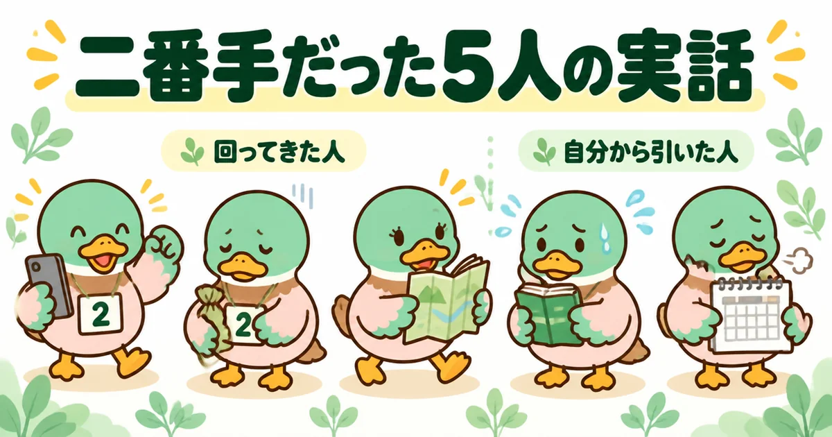 土地の買付で二番手だった5人を、2の番号札を下げたそれぞれ違う表情の5羽のカモで表したイラスト。