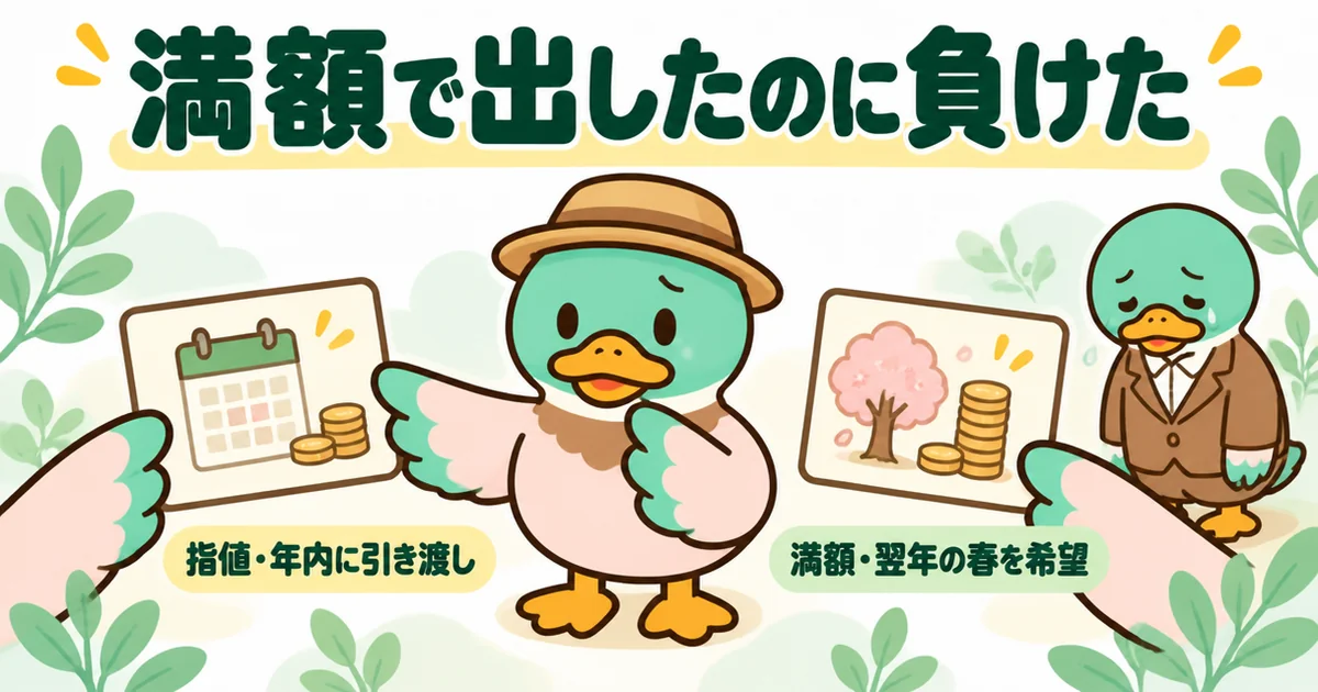 土地の買付で満額を出した二番手が、引き渡しの時期を優先した売主に選ばれなかった体験を2枚の札で描いた図。