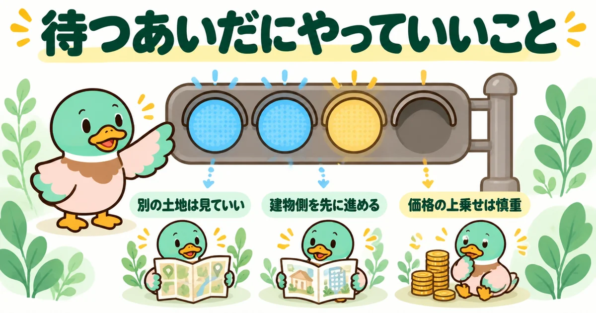 土地の買付で二番手として待つあいだにやっていいことを、青2つ黄1つの信号機とあいみつで整理した図。