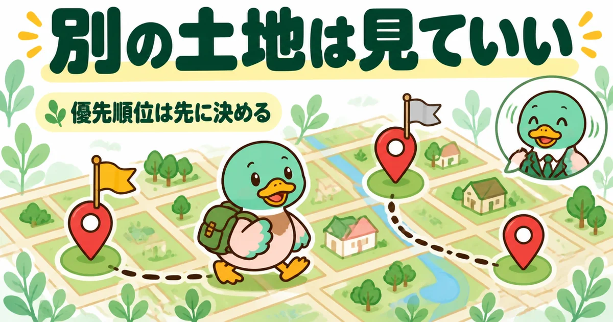土地の買付で二番手のあいだも別の土地は見ていいことを、地図のピンを回るあいみつと優先順位の旗で表した図。