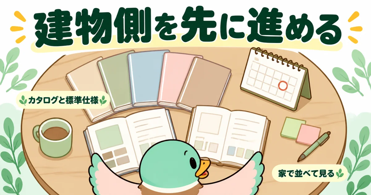 土地の買付で二番手として待つ間に、建物側のカタログと標準仕様を家のテーブルに並べて見比べるあいみつの図。