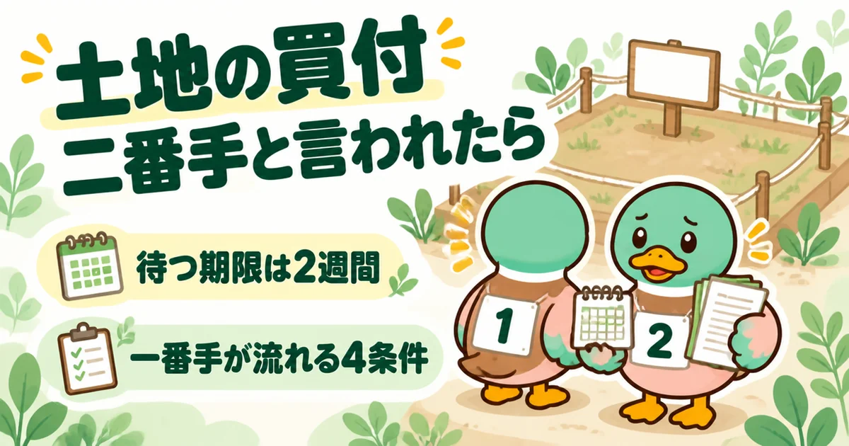 土地の買付で二番手と言われたあいみつが、売地の前で一番手の後ろに並びながらカレンダーと書類を持って準備しているイラスト。