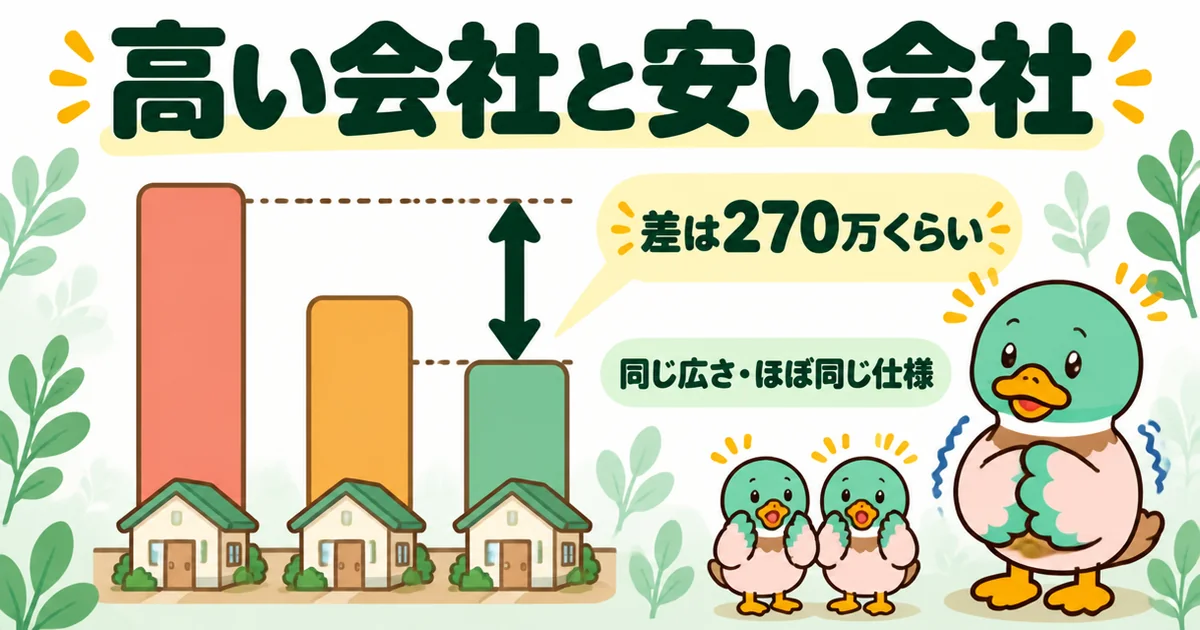 注文住宅の相見積もりで、同じ広さ・ほぼ同じ仕様なのに最高と最安の会社で270万くらい差が出たことを示す棒グラフの図解。