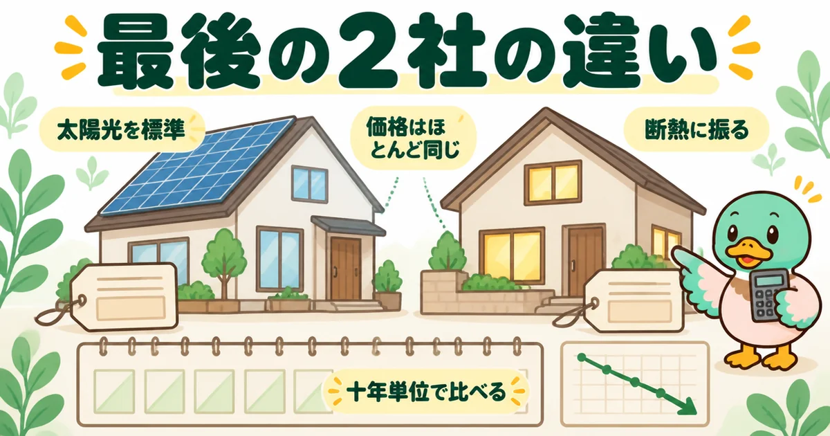 注文住宅の相見積もりで価格がほぼ同じ2社を、太陽光を標準にした家と断熱に振った家として十年単位で比べた図解。