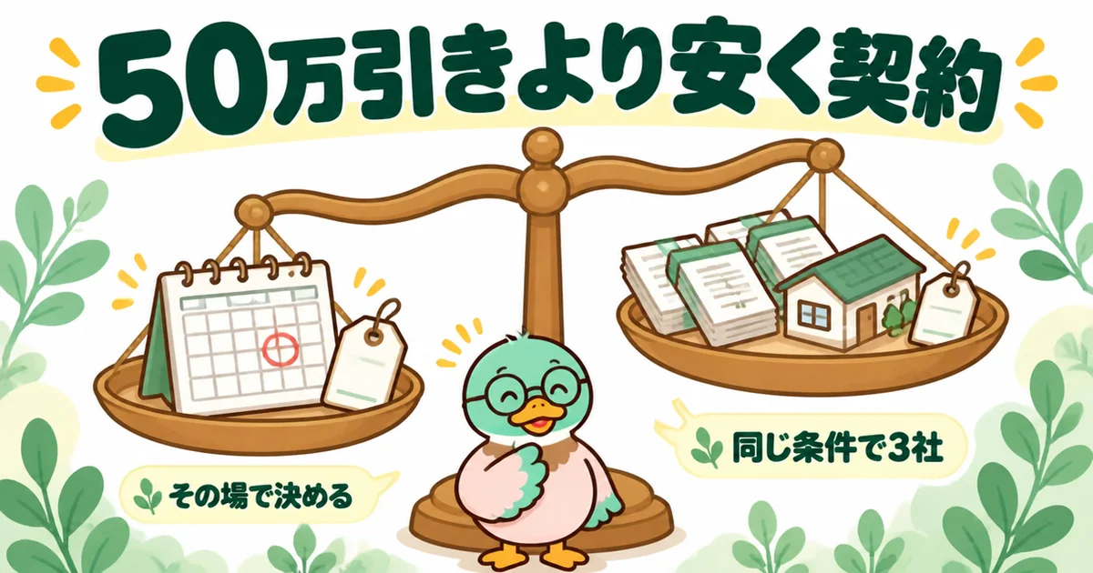 注文住宅の相見積もりを同じ条件で3社に取った結果、その場の50万引きより安く納得して契約できたことを示す天秤の図解。