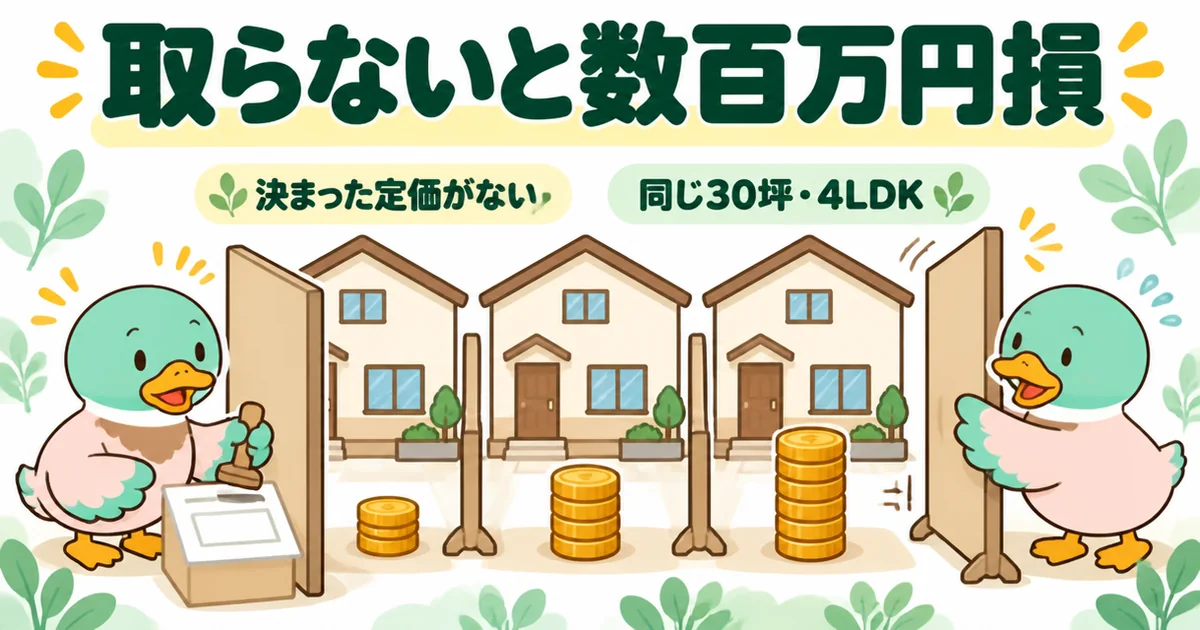 注文住宅は定価がなく、相見積もりを取らないと同じ30坪・4LDKでも会社ごとの金額差に気づけないことを示す3軒の家のイラスト。