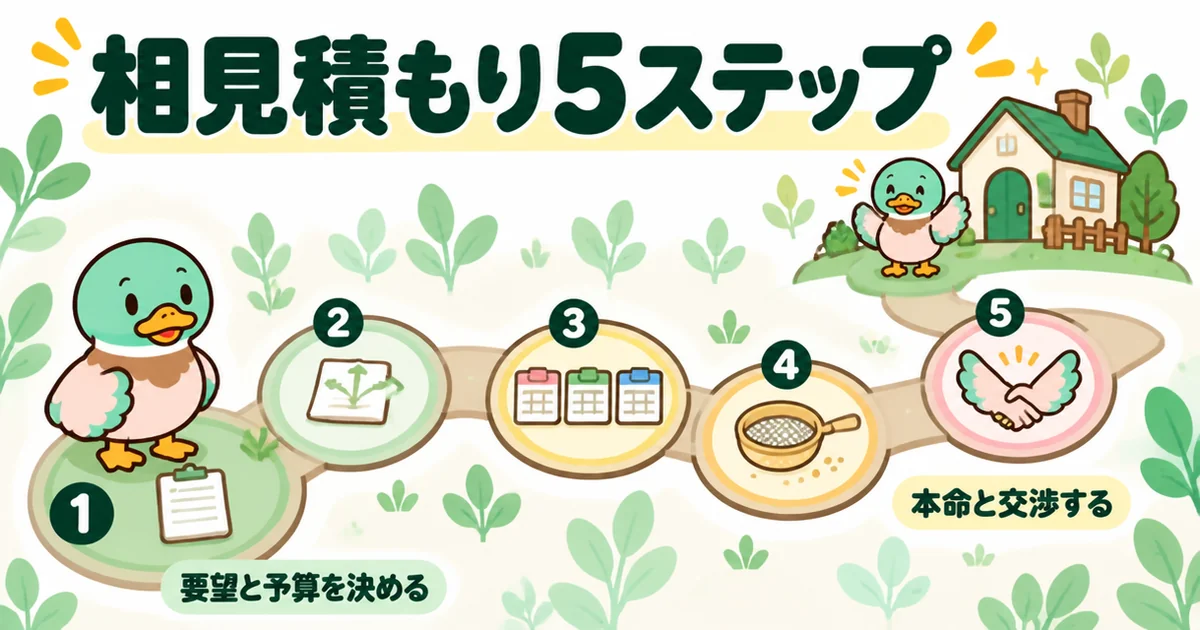 注文住宅の相見積もりのやり方を、要望と予算の決定から本命との交渉までの5ステップで示した番号つきの道の図。
