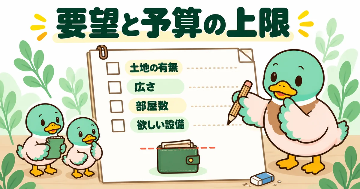 注文住宅の相見積もりの最初に、土地の有無・広さ・部屋数・欲しい設備と予算の上限を紙に書き出すあいみつのイラスト。