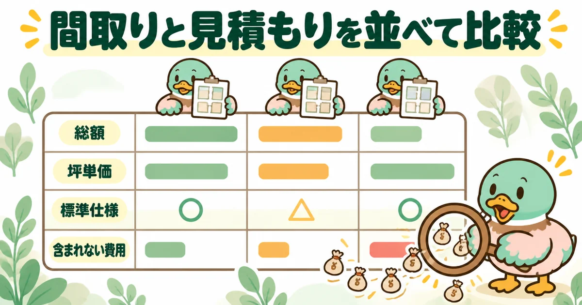 注文住宅の相見積もりを、総額・坪単価・標準仕様・含まれない費用の4項目で3社並べて比較する表のイラスト。