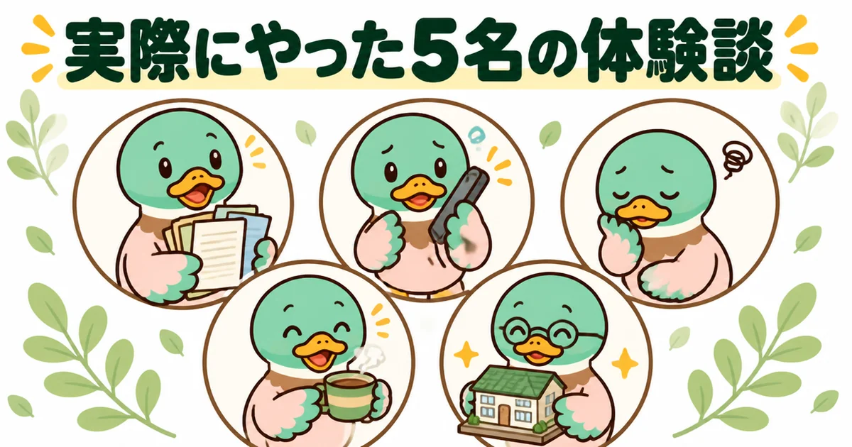 注文住宅の相見積もりを実際にやった5名の体験談を、表情と持ち物の違う5羽のカモで紹介するイラスト。