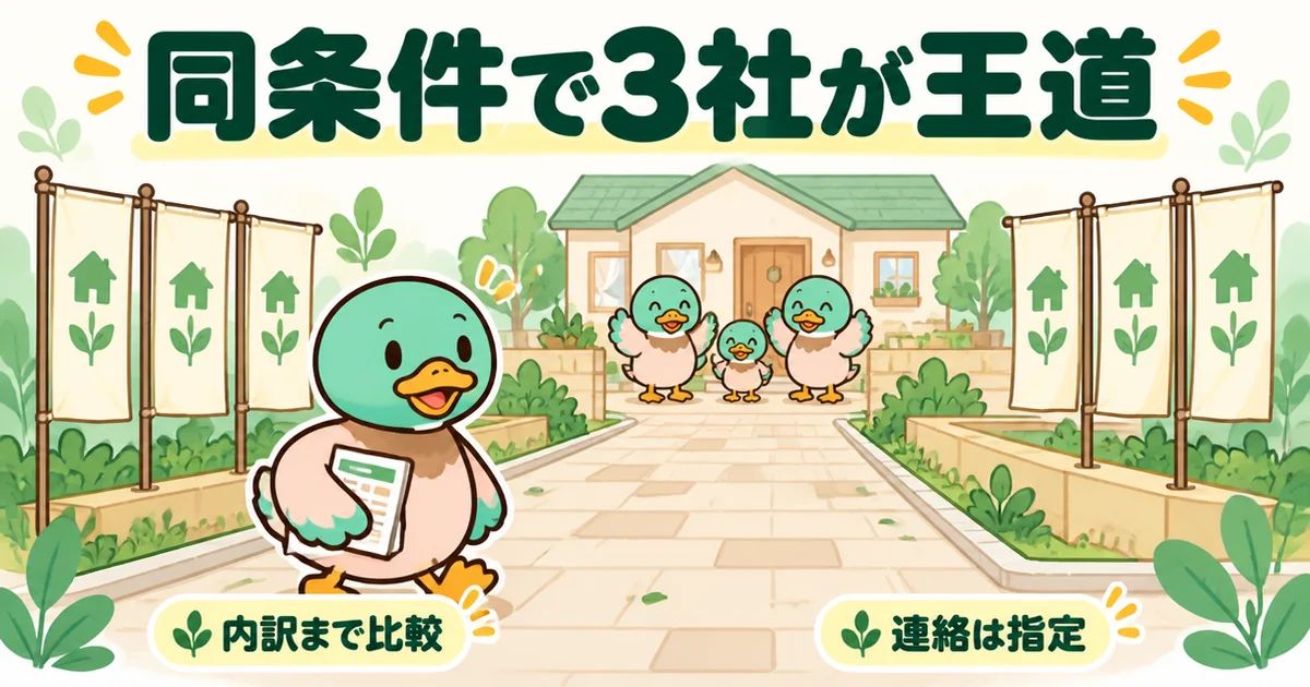 注文住宅の相見積もりは同条件で3社に依頼するのが王道だと、まっすぐな道を歩き出すあいみつで示すまとめのイラスト。
