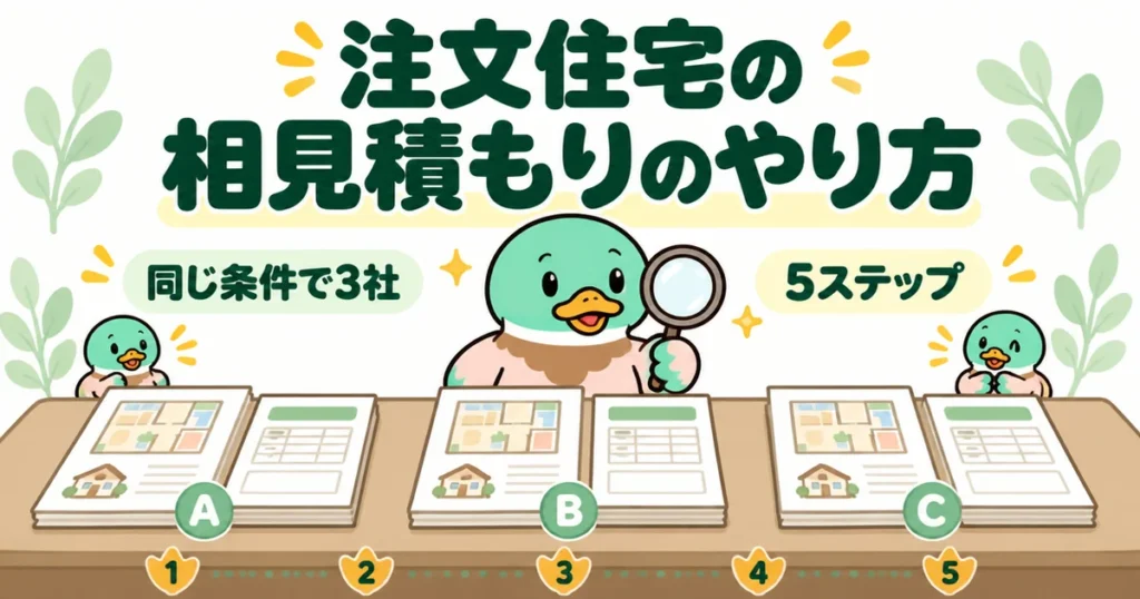 注文住宅の相見積もりのやり方として、同じ条件で頼んだ3社ぶんの間取りと見積書を机に並べて見比べるあいみつのイラスト。