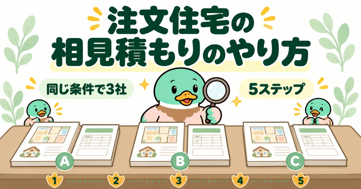 注文住宅の相見積もりのやり方として、同じ条件で頼んだ3社ぶんの間取りと見積書を机に並べて見比べるあいみつのイラスト。