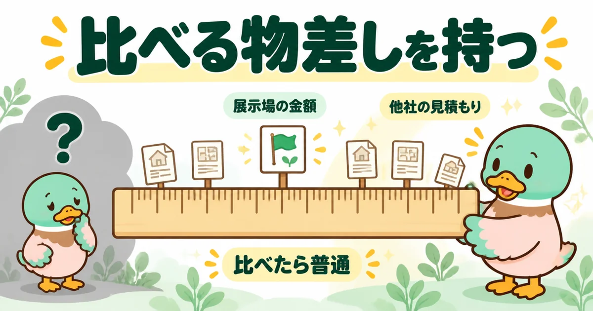 展示場で出された金額を他社の見積もりと物差しの上で比べたら真ん中の普通の位置だった、注文住宅の比較の図解。