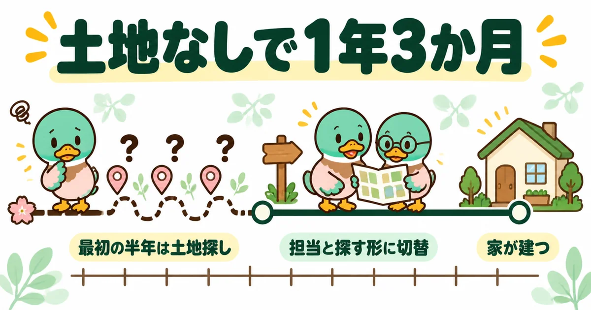 土地なしから注文住宅を建てた流れを、最初の半年の土地探し、担当と探す形への切り替え、完成までの1年3か月で示した年表。