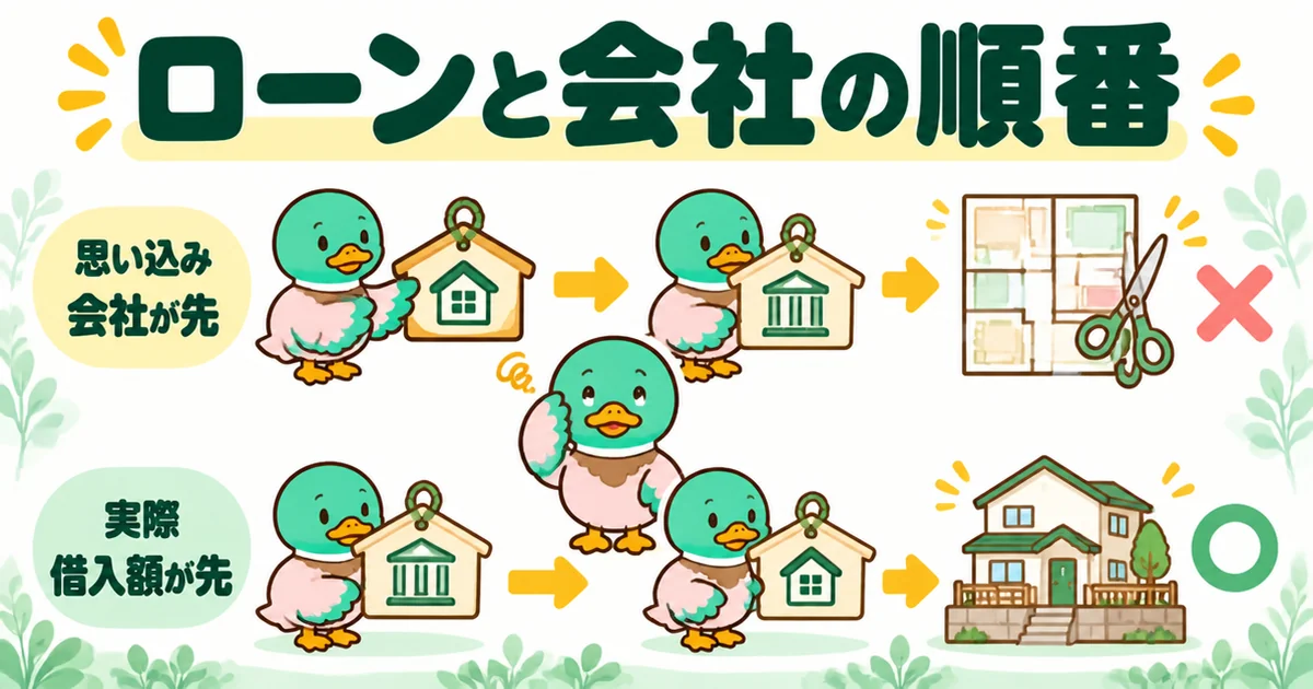 注文住宅の流れで、会社を決めてからローンという思い込みと、借入額を先に把握する実際の順番を上下2段で比べた図解。