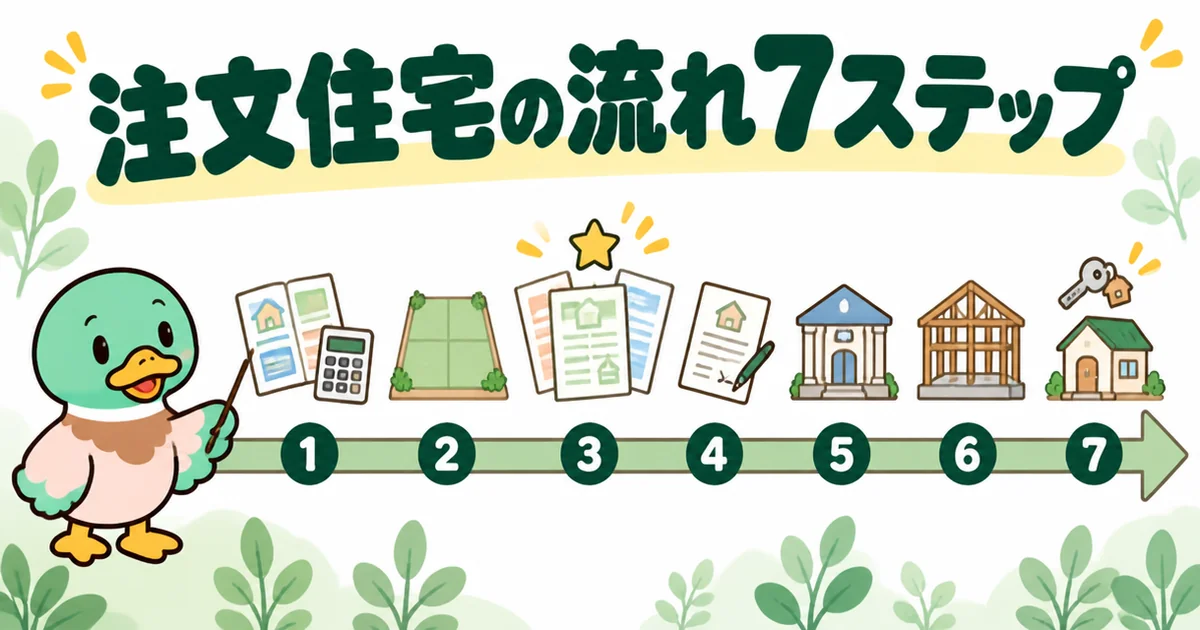 注文住宅の流れを、情報収集から引き渡しまで7つの番号と絵で横一列に並べた工程表のイラスト。