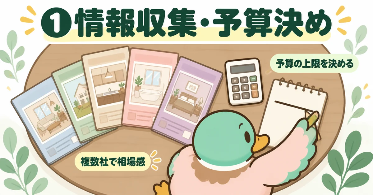 注文住宅の流れの1つ目として、複数社のカタログと電卓を机に広げ、予算の上限をメモに書き込むあいみつのイラスト。