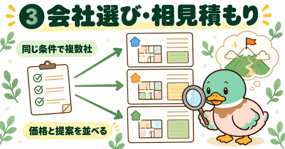 注文住宅の流れで一番のヤマ場となる相見積もりを、同じ条件のメモから3社の見積書へ矢印が伸びる図で表したイラスト。