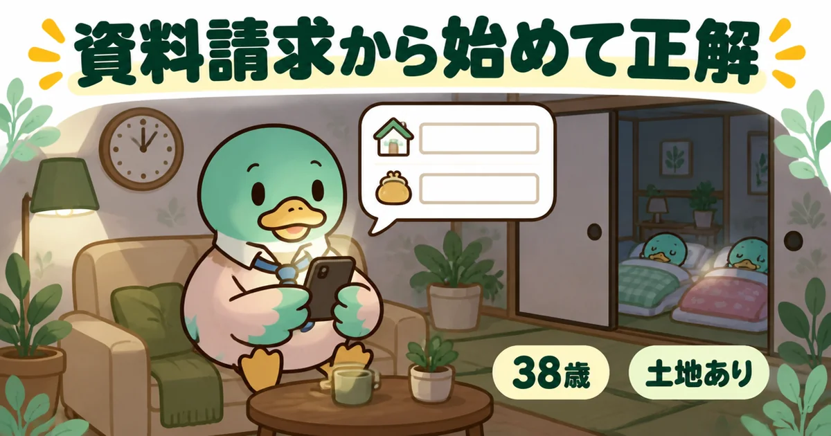 注文住宅の流れの最初に、子どもを寝かしつけた夜中のリビングでスマホから資料請求をする38歳の父親カモのイラスト。