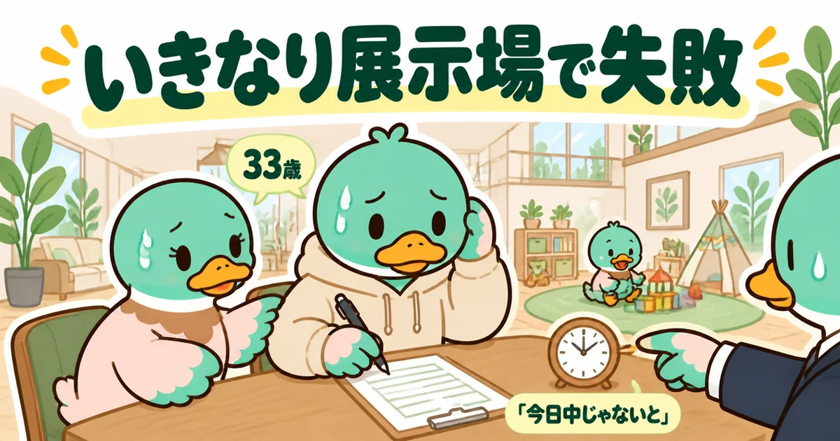 注文住宅の流れを知らずに展示場へ行き、申込書の前でペンを握る33歳の父親カモの袖を妻が引いて止めている場面のイラスト。