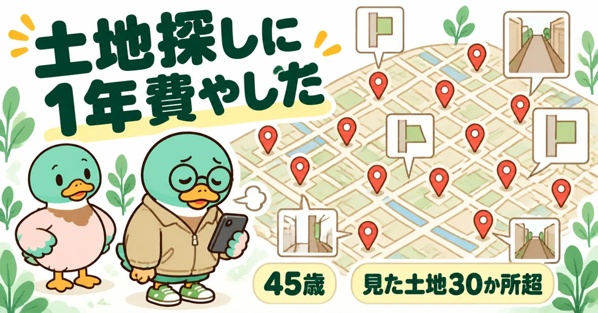 注文住宅の流れの土地探しで、30か所を超えるピンが刺さった地図の前で45歳のカモが肩を落としているイラスト。