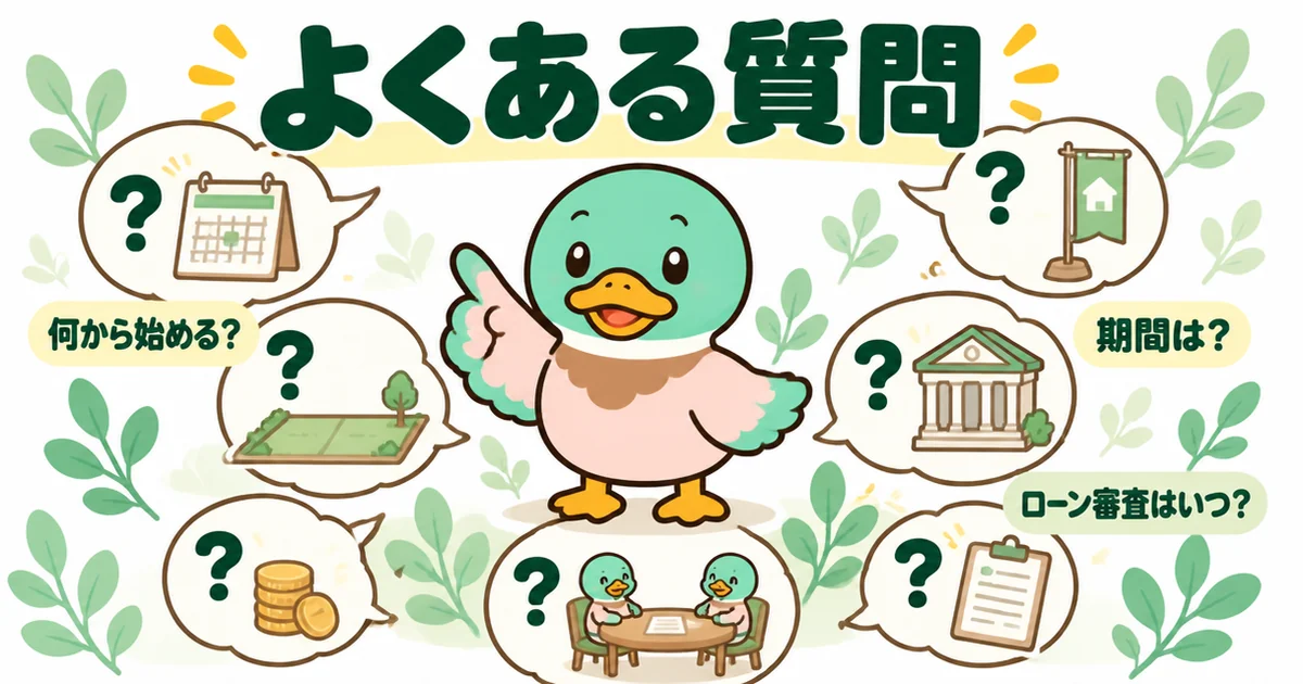 注文住宅の流れと始め方についてのよくある質問を、あいみつを囲むたくさんのはてなの吹き出しで表したイラスト。