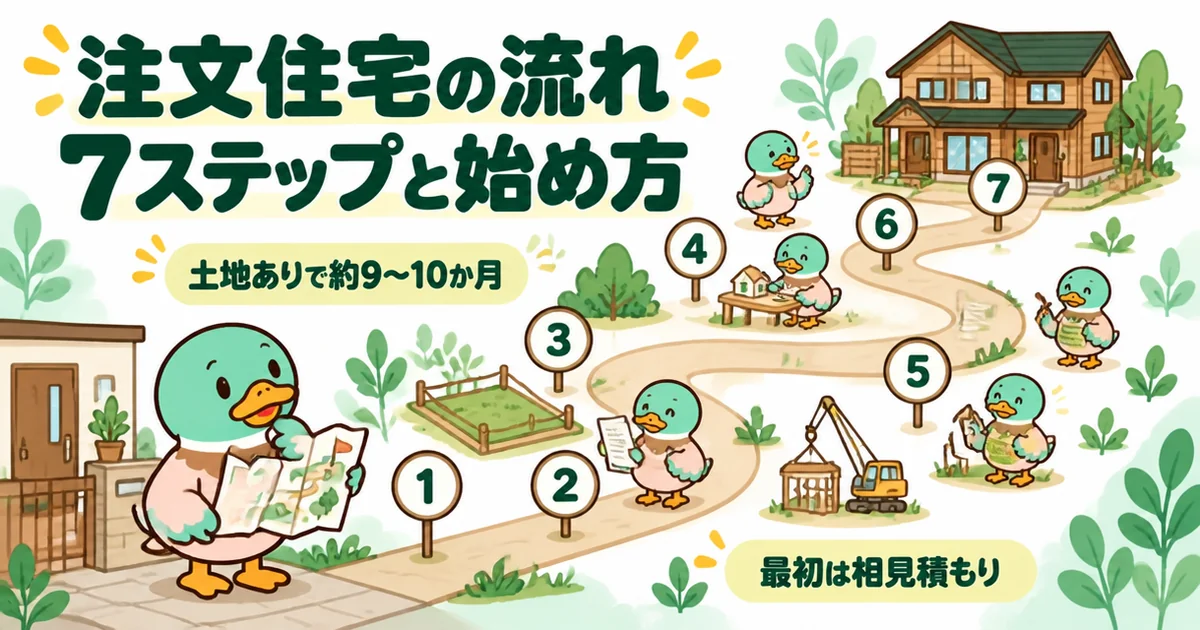 注文住宅の流れを7つの番号札が並ぶ道で表し、スタート地点で地図を広げるあいみつが完成した家を見上げているイラスト。