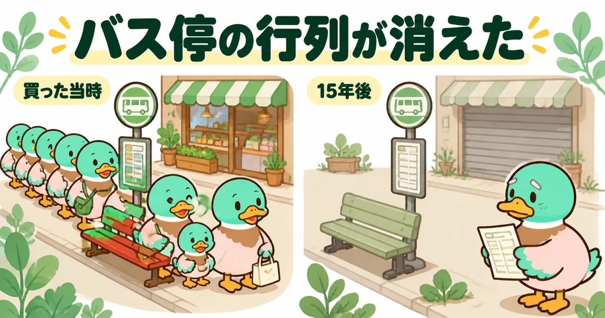 家は買うなというひろゆき論の値下がりを、行列ができていた郊外のバス停と15年後の誰もいないバス停で比べた図解。