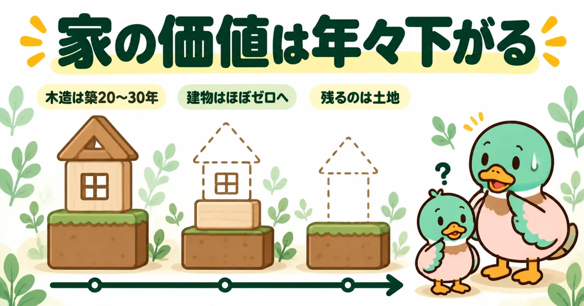 ひろゆきが家は買うなと言う理由のひとつ、木造の建物は築20〜30年でほぼゼロに近づき土地だけが残る様子を積み木で表した図。