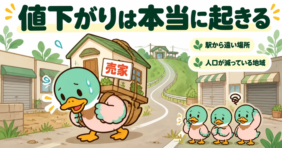 ひろゆきの家は買うな論のとおり、駅から遠い場所や人口が減る地域の家が売れない重い荷物になる様子を背負うあいみつのイラスト。