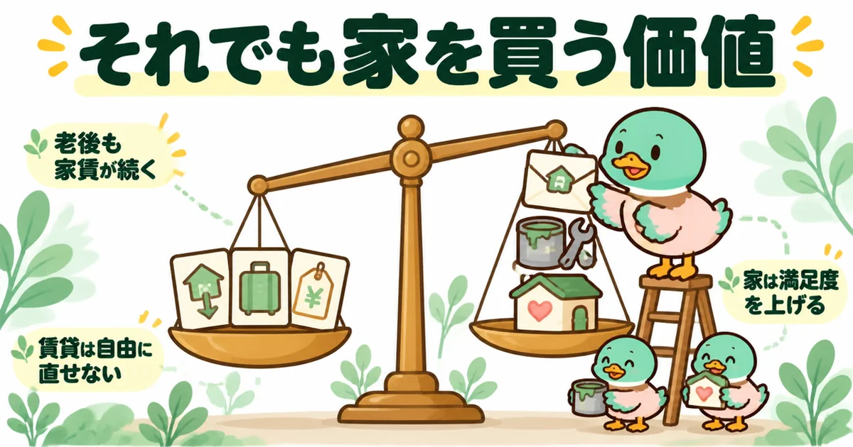 家は買うなというひろゆき論に対し、老後の家賃・直せない賃貸・満足度の3つの反論点を天秤に乗せるあいみつのイラスト。