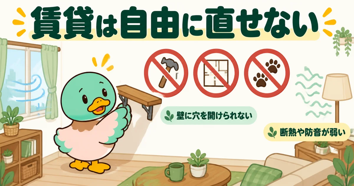 家は買うなというひろゆき論への反論として、賃貸は壁に穴も開けられず断熱や防音も弱いことを禁止標識で示したイラスト。