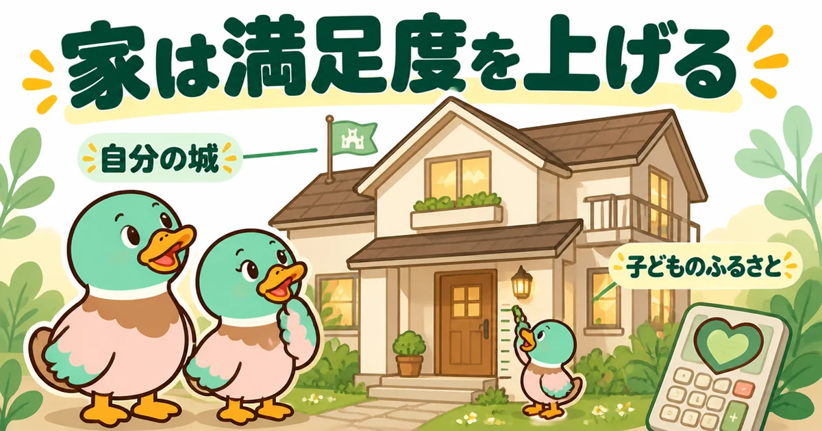 家は買うなと言われても数字に出ない満足があることを、自分の城と子どものふるさとを喜ぶあいみつ一家で表したイラスト。